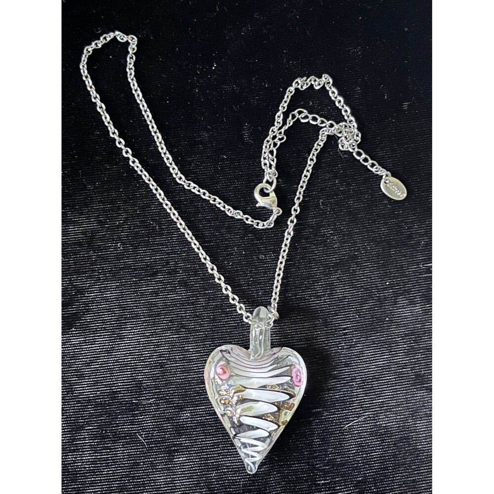 Claire's Lampwork Glass Heart Pendant Necklace Pink Flower White Swirl Y2K